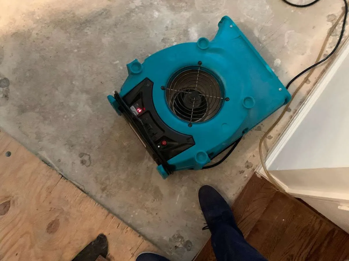 Air mover drying subfloor during Leak Detection & Repair in Groves